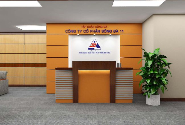 Backdrop quầy lễ tân phần nào thể hiện được vị thế và là bộ mặt cho cả công ty