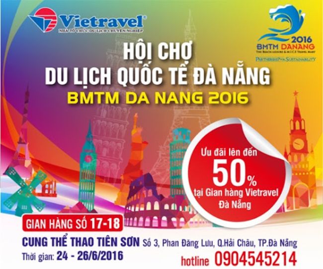 Băng rôn quảng cáo về hội chợ du lịch quốc tế Đà Nẵng của công ty Vietravel