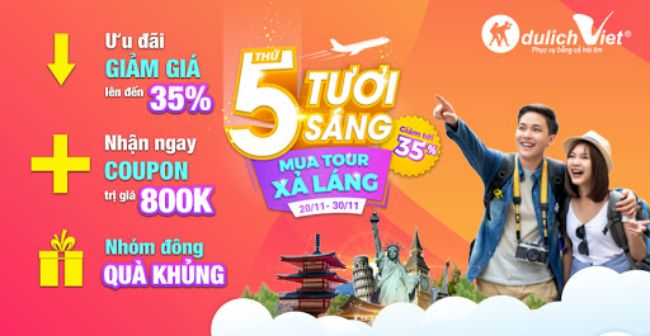 Băng rôn du lịch quảng cáo tuần lễ giảm giá của công ty du lịch Việt