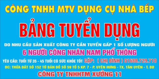 Băng rôn của công ty TNHH MTV tuyển công nhân nam