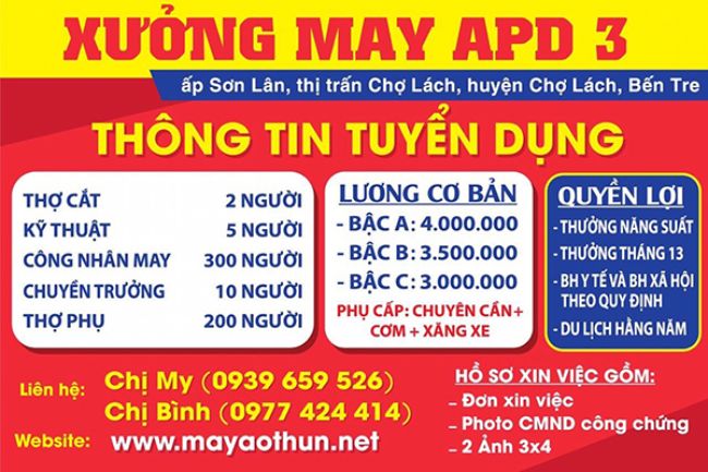 Băng rôn tuyển dụng của Xưởng may APD 3