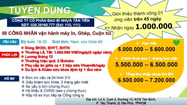 Băng rôn tuyển dụng của công ty cổ phần bao bì nhựa Tân Tiến