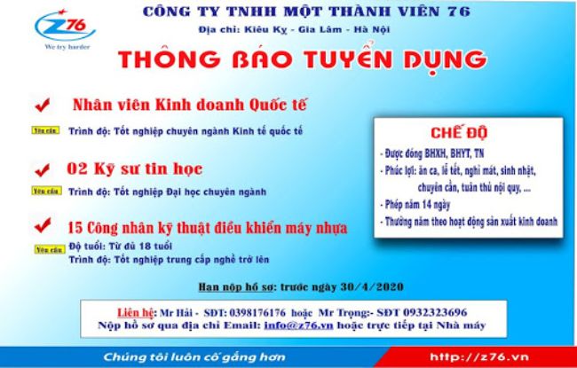 Băng rôn tuyển dụng của công ty TNHH một thành viên 76