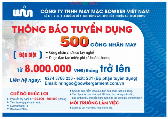 Băng rôn tuyển dụng của công ty TNHH may mặc Bowker Việt Nam